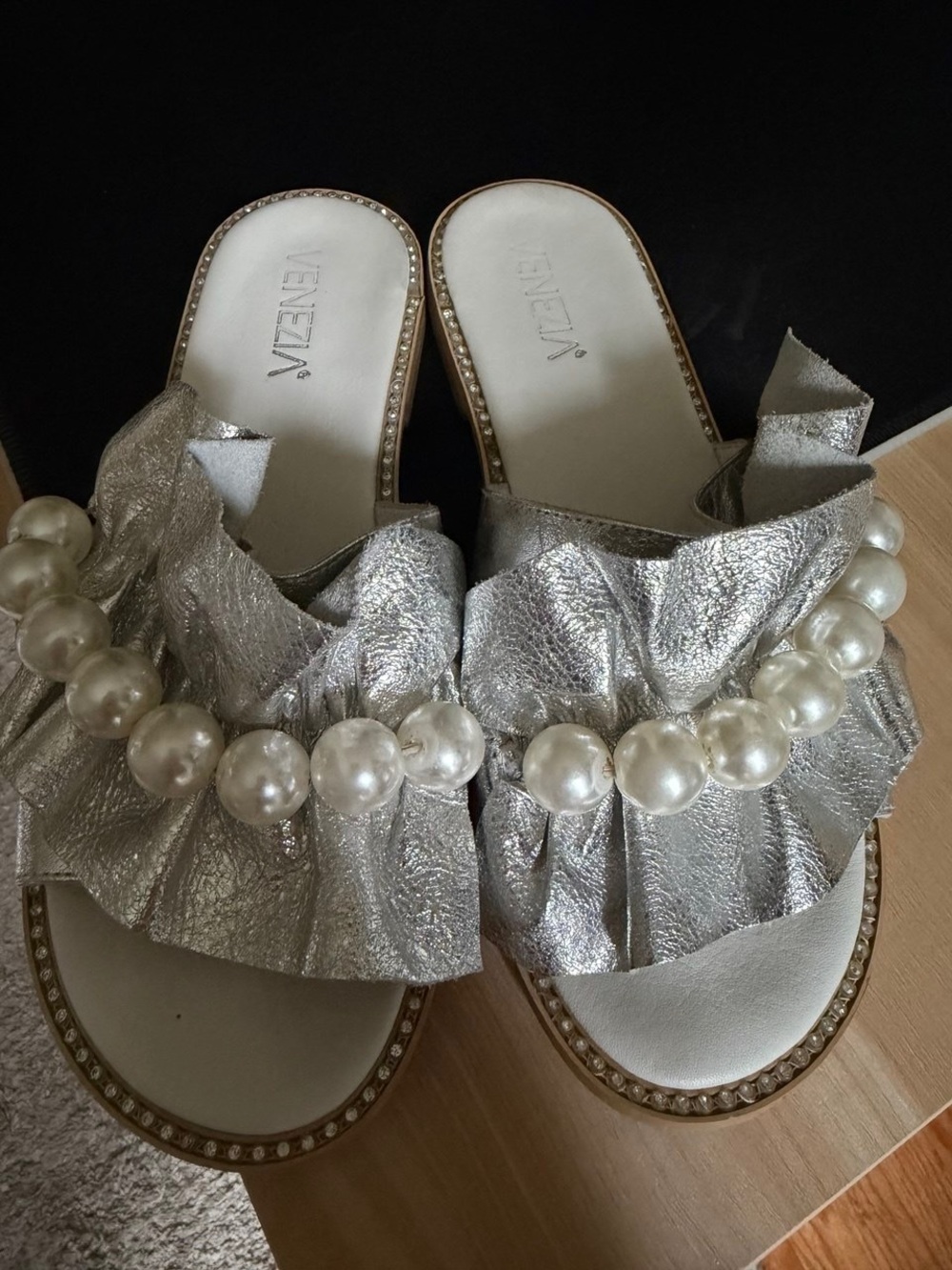 Venezia Silver Pearl-Embellished Ruched Slide Mules